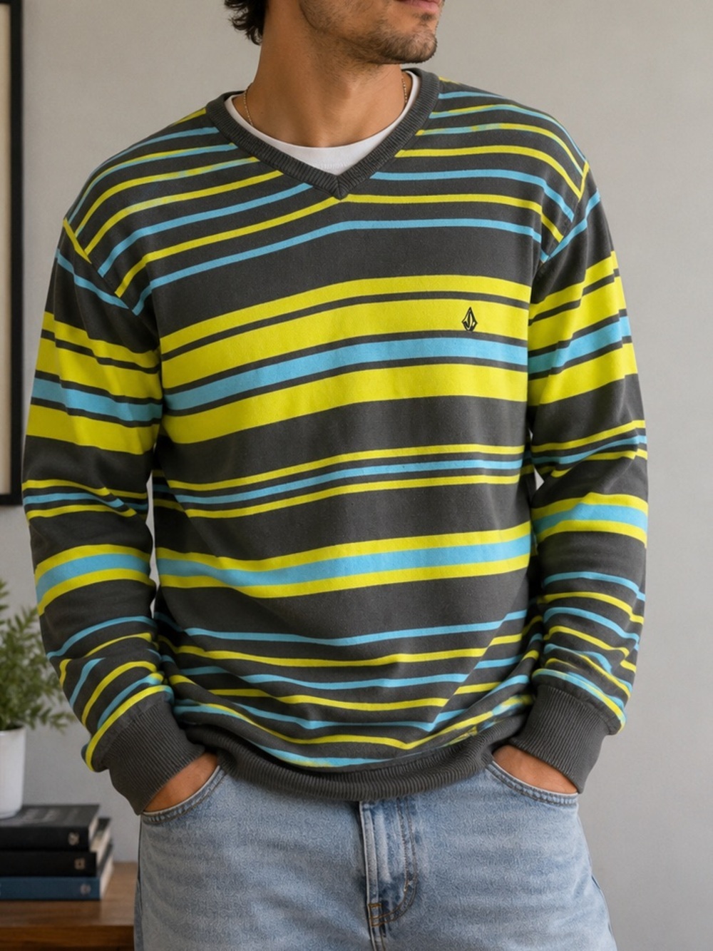 Volcom Corpo Class Collection Striped V-Neck Sweater XL